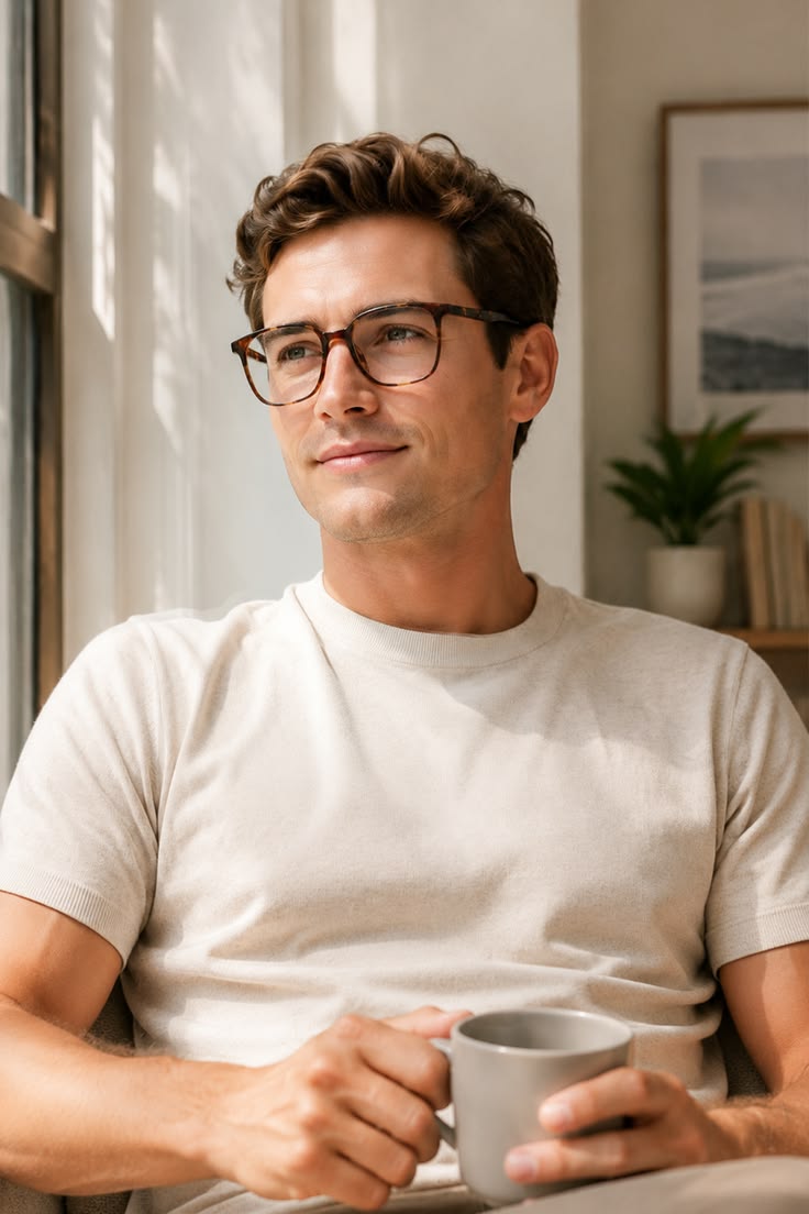 Hombre con anteojos ópticos de armazón oscuro en un ambiente luminoso